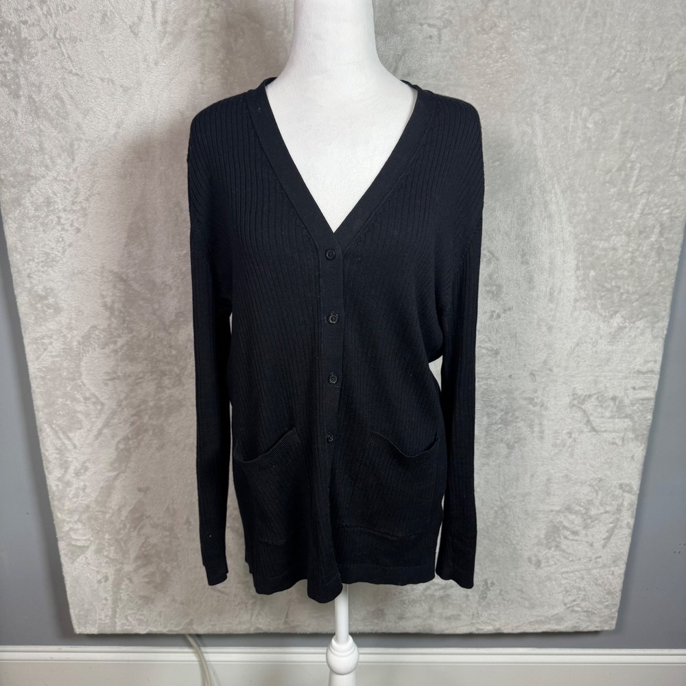 M&S Collection Womens Extra Fine Merino Wool Ribbed V-Neck Cardigan Black L